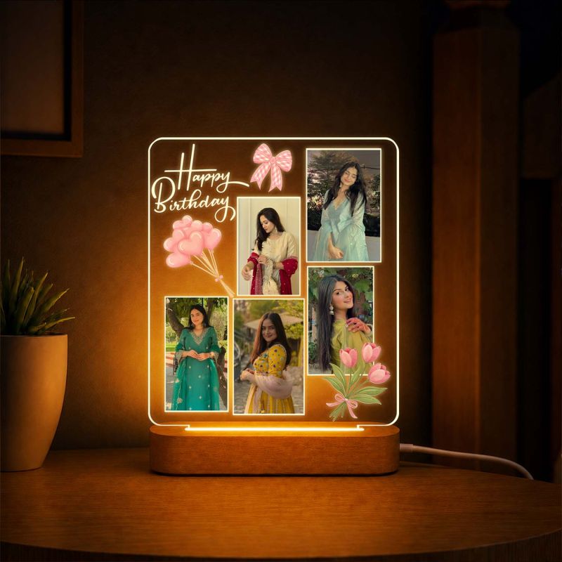 Happy Birthday LED Photo Collage Lamp for Girls & Women Personalized Birthday Photo Frame Night Light with 5 Photo  Warm White Decorative Table Lamp & Birthday Gift
